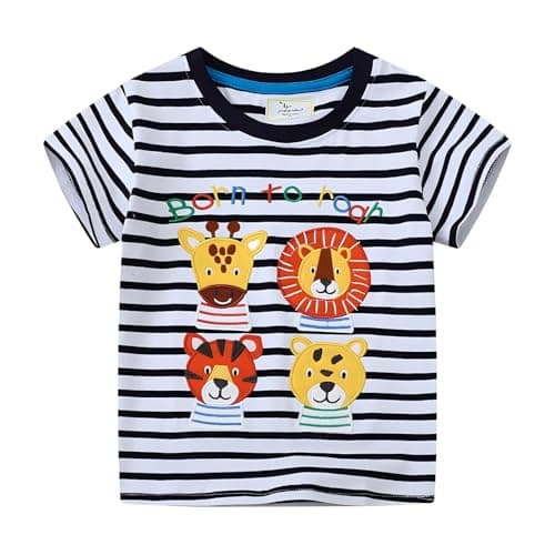 Image of Striped Top Kids Boys Striped T Shirt Cotton Short Sleeve Crew Neck Tee with Animal Appliqué Embroidery, Breathable Summer T-Shirt for Toddler Boys Age 7T (125-130cm)