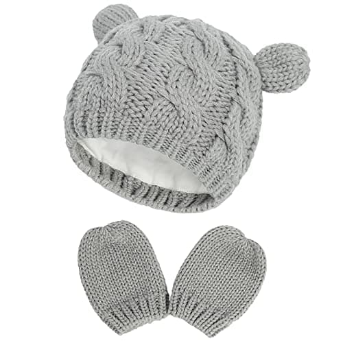Image of XYIYI Newborn Baby Grey Winter Beanie Hat Mitten Set Infant Toddler Warm Knitted Hat Glove Set for 0-3 Months Boys Girls