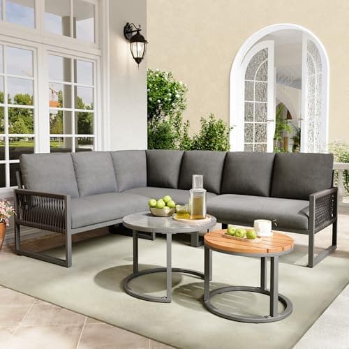 Image of LTGB Outdoor Garden Lounge Set, Furniture Set for 6-7 People, Corner Sofa with Galvanized Iron Frame, Adjustable Legs, Includes All Seat and Back Cushions, Grey