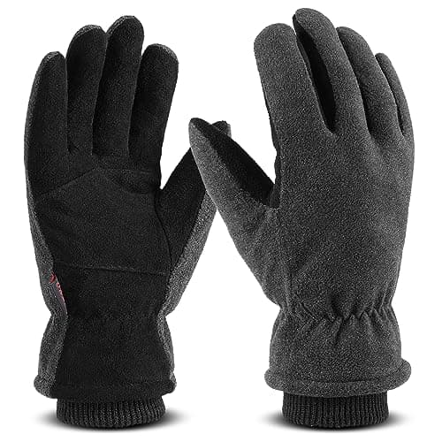 Image of OZERO Winter Warm Gloves: Windproof Waterproof Thermal Running Gloves Ski Gloves Deerskin Suede Palm Soft Polar Fleece Lined for Running Cycling Skiing Hiking Driving Snowboarding (Grey L)
