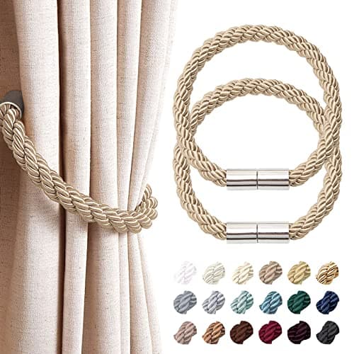 Image of Pretty Jolly 2 Pack Strong Magnetic Curtain Tiebacks Modern Simple Style Drape Tie Backs Convenient Decorative Weave Rope Curtain Holdback for Thin or Thick Home & Office Window Drapery (Khaki)