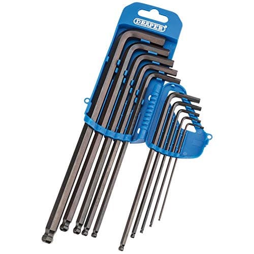 Image of Draper 10 Piece Hexagon and Ball End Allen Key Set | Metric/Imperial Combined Extra Long Pattern Hand Tools | Hex Key Wrench Kit | Long Arm Chrome Vanadium Steel Kit | Foldable Storage Holder | 33719