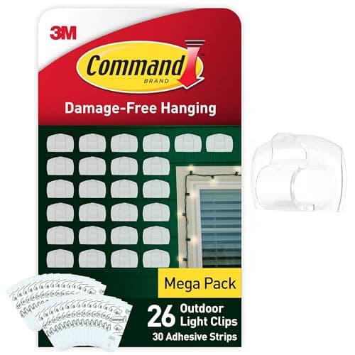 Image of Command Outdoor Decorating Clips - Value Pack of 26 Mini Hooks and 30 Small Adhesive Strips - Transparent - Clips for Hanging Decorations and Fairy Lights Outdoors - Damage Free Hanging