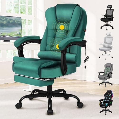 Image of ELFORDSON Massage Office Chair for Home Office, Executive Desk Chair 77 cm High Back 150° Recliner Tilt Function Padded Swivel, Velvet Green