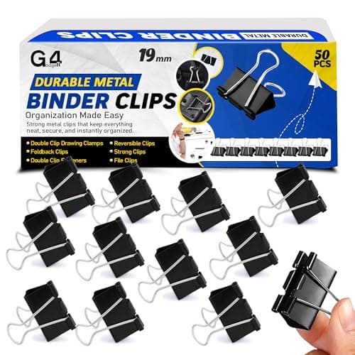 Image of G4GADGET Binder Clips 19mm Black, 50 Pack Small Foldback/Bulldog Paper Clips, Strong Metal Binder Clip Set for Office School Home Filing & Organising