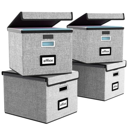 Image of Finew Upgraded Portable File Organiser Box with Lid, Foldable Linen Hanging Filing Storage Boxes with Plastic Slide, Decorative Home/Office Filing System for File and Folders Storage 4 Pack(Grey)