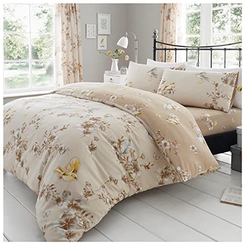 Image of GC GAVENO CAVAILIA Blossom Super King Size Duvet Set, Warm Birdies Bedding Set, Polycotton Botanical Reversible Quilt Covers Bedset With Pillow Cases, Natural