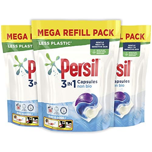 Image of Persil Power Caps Washing Capsules, Fast & Easy Stain Removal With Triple Action Cleaning, Fresh Fragrance, All In One Power Washing Capsules - 150 Washes (Non-Bio)