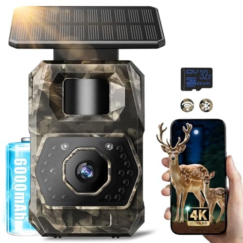 Image of MAXDONE Wildlife Camera WiFi Bluetooth - 4K 64MP Solar Trail Camera with Night Vision Motion Activated, 0.1s Trigger Garden Cameras Built-in 6000mAh Battery Rechargeable, Waterproof IP66, 32GB SD Card