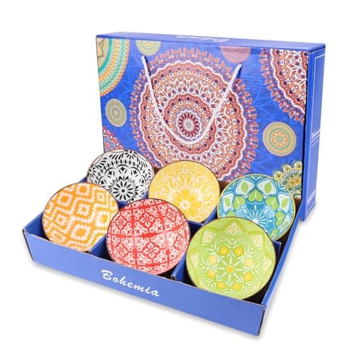 Image of Hebaogugu Set of 6 Ceramic Tapas Bowls, Bohemian Serving Tapas Dishes for Dips, Rice, Ice Cream, Dessert, Colourful Small Bowls with Gift Box, Microwave|Dishwasher Safe(Blue Box)