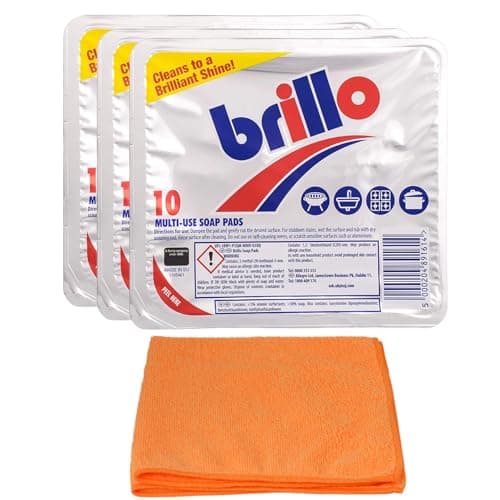 Image of 3X Brillo Multi-use Soap Pads (3 X 10 Pads)- Household Cleaner - Effective for Cleaning Pots, Pans, Cookers - with Ultra Absorbent Microfibre Cleaning Cloth