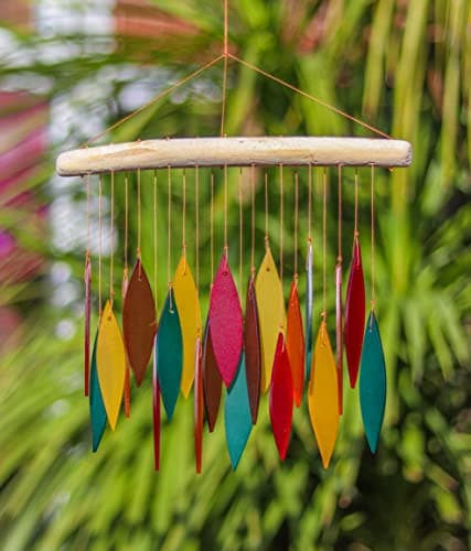 Image of My Family House Glass Wind Chime Recycled Glass and Bamboo Driftwood Garden Chime Hanging Outdoors Indoors Multicoloured Fairtrade Eco Friendly Handmade Fairtrade