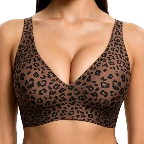 Image of ZUIMEIHQH Jelly Bras for Women UK, Leopard Print Deep V Push Up Bra, Plus Size Wireless Comfort Wide Strap Everyday Sleep Jelly Bra (UK, Alpha, S, Regular, Regular, Brown)