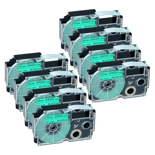 Image of NineLeaf Compatible for Casio Label Maker XR-12GN XR-12GN1 12mm x 8m Black On Green Label Tapes for Casio KL-60 100 120 200 300 750 780 820 2000 7000 7200 7400 8100 8200 P1000 Label Printers, 8PK