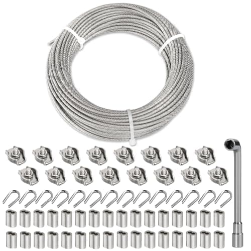 Image of TooTaci 3mm Wire Rope Kit, 30M PVC Coated Stainless Steel Cable with 32pcs M3 Crimping Sleeves, 16pcs Rope Clamps & 16pcs Steel Wire Thimbles for Garden/Fence Wire/Curtain/Lights Hanging/Sun Shade