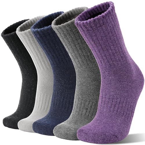 Image of Sandsuced Womens Merino Wool Thermal Walking Socks Warm Winter Cozy Long Heavy Comfy Socks for Ladies Mum Stocking Fillers Women Gifts Thick Crew Work Soft Boot Socks 5 Pairs(Solid Color B)