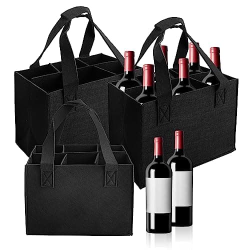 Image of YKUKIZEE 3 Pack Wine Bottle Carrier Bag 6 Bottles, Reusable Washable Felt Wine Bottle Carrier, Black Wine Bottle Holder Bag with Detachable Divider for Travel Party Picnic BBQ Gift(25x16x18cm)