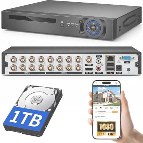 Image of 16 Channel CCTV Camera System Surveillance Video Recorder - Hybrid Security Video Recorder with 1TB Hard Drive, Supports 5MP/4MP/1080P AHD/TVI/CVI/IP Cameras, 5MP H.265+DVR, 24/7 Recording