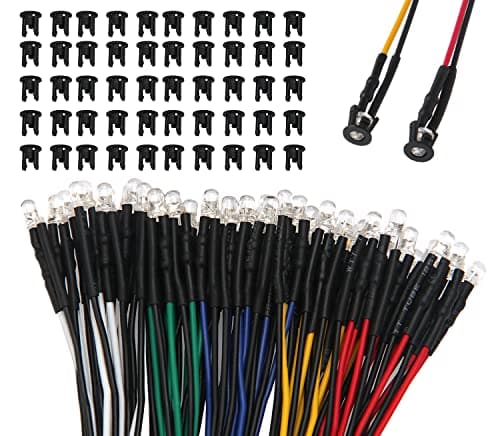 Image of Lyeteung 50 PCS 3mm 12V Prewired LED Diodes Light, White Red Yellow Blue Green, 20cm Prewired LED Light Emitting Diode + 50 PCS 3mm Plastic LED Holder