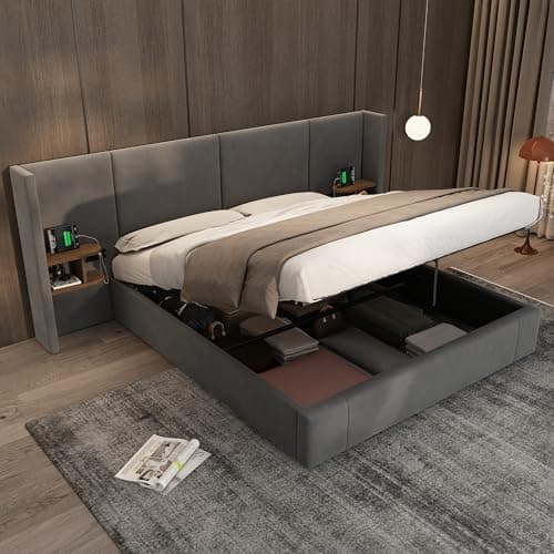 Image of Upholstered Ottoman Bed, Hydraulic Storage Bed with Bedside Tables,USB,Sockets, 5ft King Size Bed Frame with Wide Headboard, Velvet Gas Lift Ottoman Bed With Storage & Wooden Slats, Grey, No Mattress