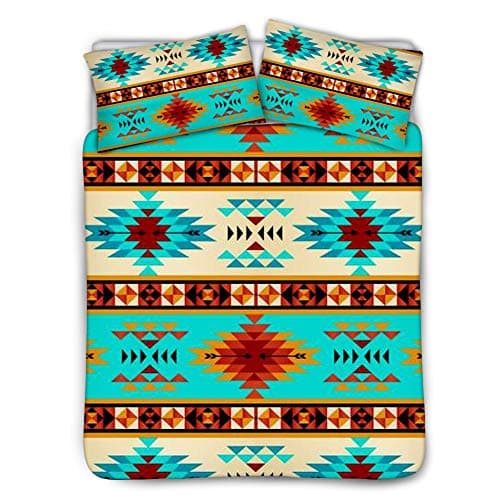 Image of Renewold Bohemian Duvet Cover Striped Ethnic Boho Reversible Southwestern Queen Size Bedding 3pc Set Navy White Orange Modern Geo Aztec Print for Women Men