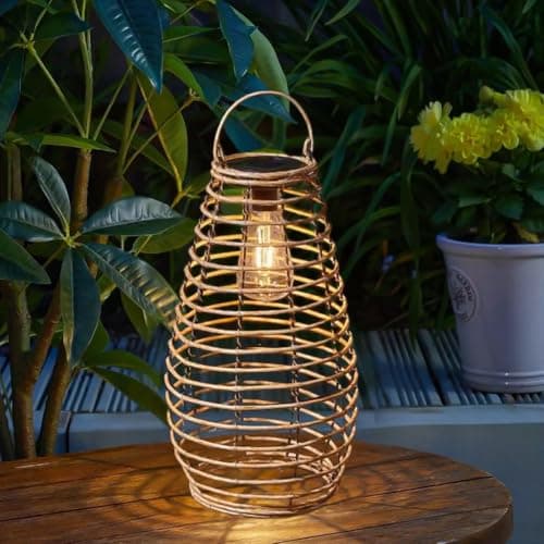 Image of Garden Mile Large Solar LED Lantern Lighting for Garden Hanging Rattan Effect Outdoor Light Solar Powered Lighting 38cm Garden Table Light Warm White Lighting