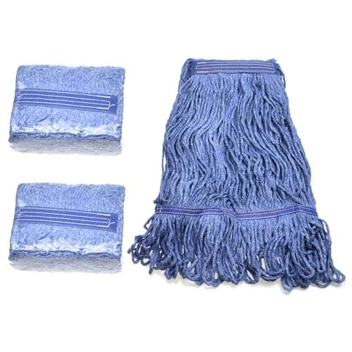 Image of Heavy Duty Commercial Mop Head Refill - Industrial Grade Blue Cotton Looped-End String for Wet Mopping, Long-Lasting (2 Pieces Pack)