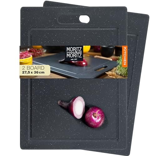 Image of Moritz & Moritz 2X Plastic Chopping Board Set Black Granite Look - 36x27.5 cm - Cutting Boards with Non-Slip Feet & Granite Look - Chopping Boards with Juice Groove - Cutting Boards for Kitchen