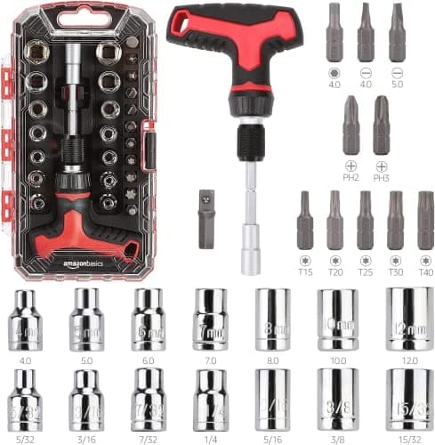 Image of Amazon Basics 27-Piece Ratchet Screwdriver Set, Magnetic T-Handle, 3-Way Adjustable (Forward/Reverse/Lock), Cr-V Steel, Compact Tool Kit with Case for Home Repair and Appliance Maintenance