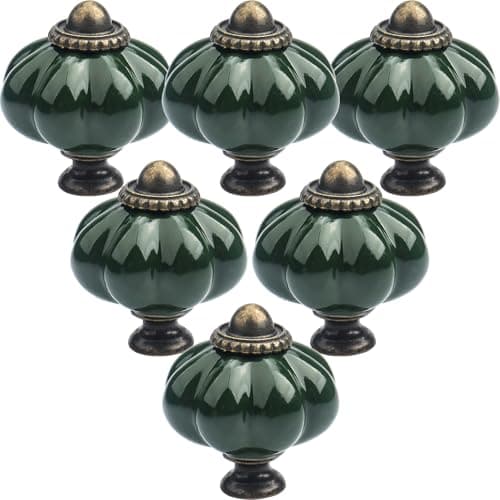 Image of LHNNDM 6pcs Ceramic Door Knobs,Light Green Pumpkin Ceramic Knobs with Screws, Antique Wardrobe Pull Handles for Kitchen Cupboards Cabinet Dresser (6, Dark Green)