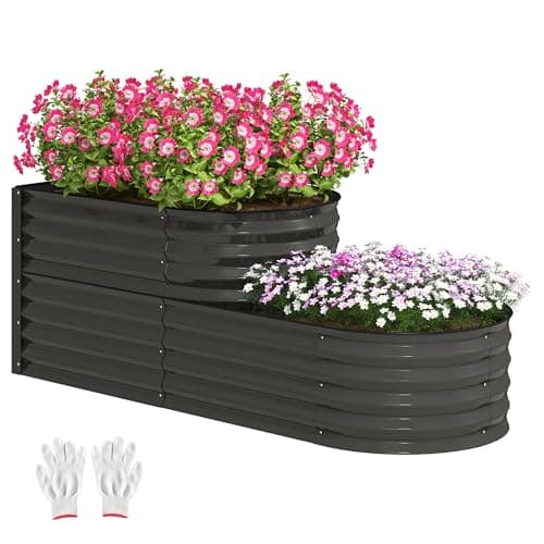 Image of Outsunny 2-Tier Raised Garden Bed, Outdoor Galvanised Planter Box with Safety Edging and Gloves, Metal Raised Bed with Open Bottom for Vegetables, Flowers, Fruits and Herbs, Dark Grey