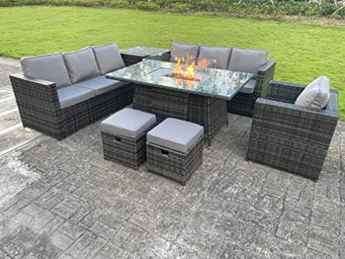 Image of FMSGarden Outdoor Rattan Garden Furniture Gas Fire Pit Dining Table Gas Heater Sets Lounge Chairs Small Footstools Dark Mixed Grey 9 Seater