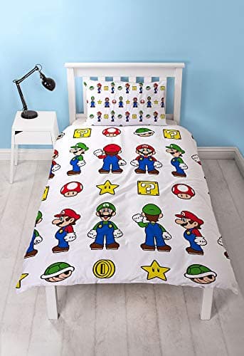 Image of Super Mario Official Single Duvet Cover Design | Reversible Two Sided Mario & Luigi White Bedding Duvet Cover With Matching Pillow Case