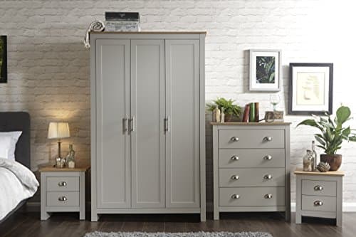 Image of GFW Lancaster 4 Piece Bedroom Set Grey Bedside Cabinet Chest Of Drawers Wardrobe