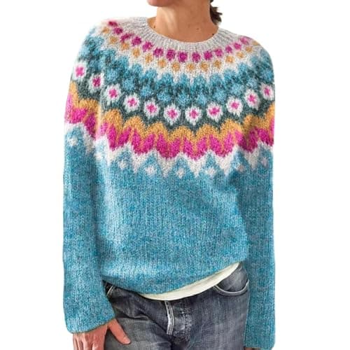 Image of Fairisle Womens Jumpers New Icelandic Sweaters for Women Uk Soft Lightweight Nordic Tunic Tops Crewneck Sweater Autumn Winter Warm Pullover Vintage Isle Print Jacquard Knitwear Plus Size Sweatshirt