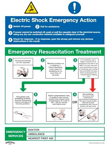 Image of Sealey SS33P1 Electric Shock Emergency Action - Safe Conditions Safety Sign - Rigid Plastic