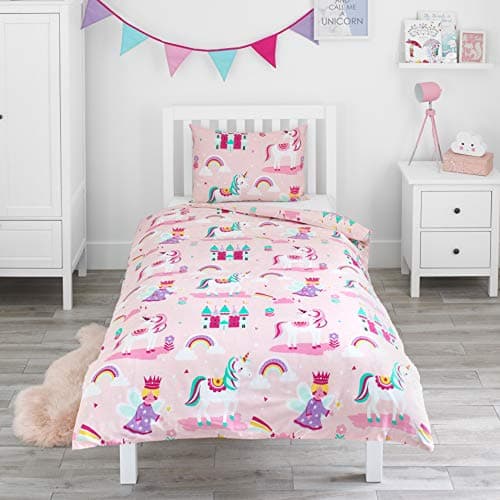 Image of Bloomsbury Mill - Kids Single Duvet Cover Set - Childrens Single Bedding for Girls - Unicorn, Rainbow & Princess Single Bed Duvet Cover Set with Pillow Case - Pink - 135x200cm