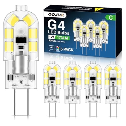 Image of QOJUX G4 LED Bulbs, 1W 173LM Class C Cool White 6000K, Equivalent to 20W Halogen Bulb, Bi-Pin Base Energy Saving G4 Bulb, AC/DC 12V, Non-Dimmable Non Flicker, for Chandelier, Home Lighting, 5 Pack