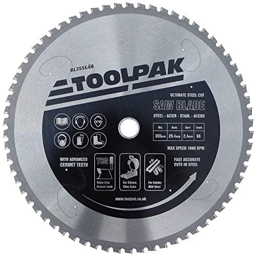Image of Toolpak 355mm Steel Cut CERMET Chop Saw Blade - 66T Extreme Life Triple Chip Metal Cutting Blade for Mild Steel & Angle Iron Cold Cut Low Speed Saws
