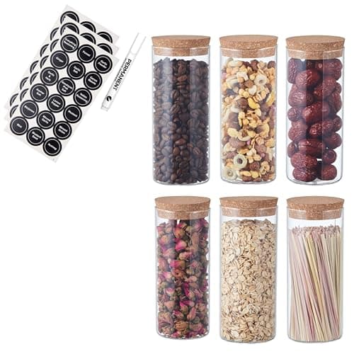 Image of ORNAMI Small Glass Food Jar with Cork Lid and Airtight Sealing, Little Clear Canister Jar for Kitchen Storage, for Grains, Seeds, Salt, Pepper, Spices - Set of 6 (350ml)