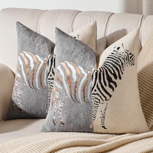 Image of AmHoo Set of 2 Throw Pillow Covers Zebra Chenille Patchwork Decorative Pillows Cover Pillowcase for Sofa Couch Bed 18 x 18-Inch Gray