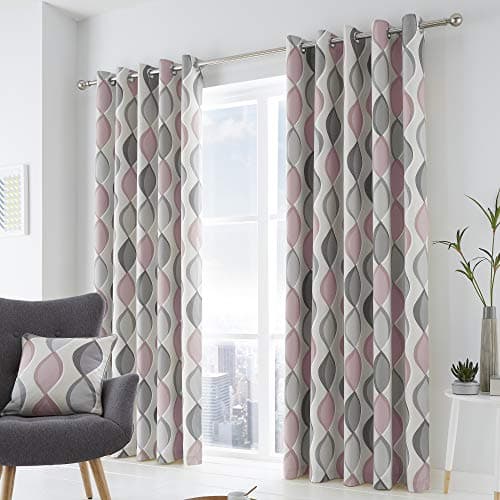 Image of Fusion Lennox 100% Cotton Eyelet Lined Curtains, Grey/Blush, 66 x 90 Inch, w168cm (66") x d229cm (90")