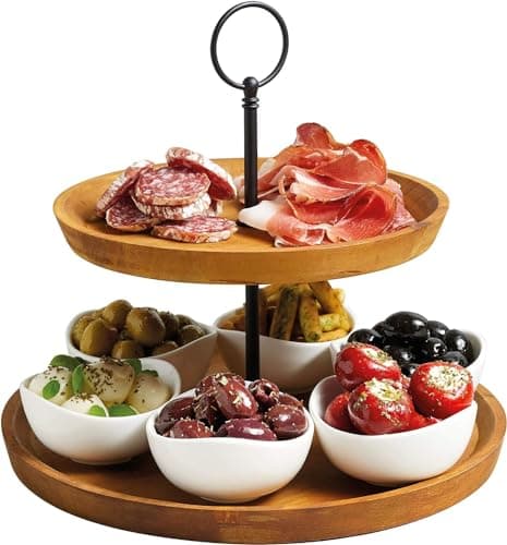 Image of Artesà 2 Tier Tapas and Food Serving Stand, Food Display with 6 Mini Porcelain Bowls, Wooden and Hand Finished Cake Stand in Gift Box, 24 x 25cm, Brown & Black, Wood