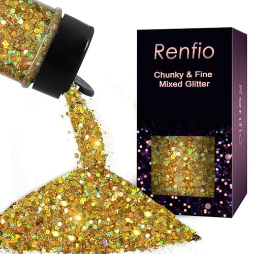 Image of Renfio Holographic Glitter, 2.11oz/60g Chunky Glitter Mix Ultra Fine Powder for Crafts Gold Sequins Christmas Resin PET Flakes for Nail Art Tumblers Slime - Laser Gold