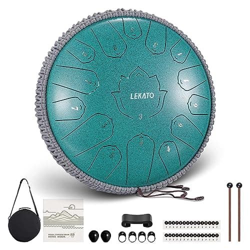 Image of LEKATO 15 Notes 13 Inch C-Key Handpan Tongue Drum, Steel Drum Percussion Instrument for Healing Meditation Education, Hank Tank Drum Gifts Kit for Beginner Advanced Playing - Malachite Green