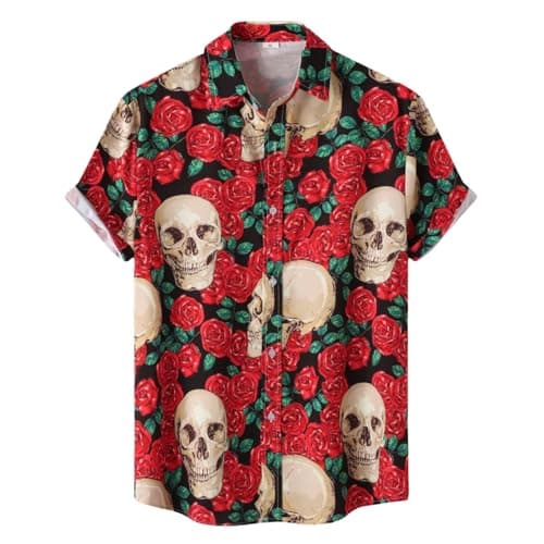 Image of Rose Skull Print Button-Down Shirt Short Sleeve Flroral Graffiti Punk Y2K Beach Vacation Shirt Shirts4671