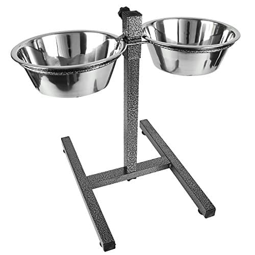 Image of Dog Elevated Food Bowl Holder Set - Raised Cat Feeding Station Stand - Adjustable Height Pet Double Feeder - 2 Stainless Steel Water Bowls (Large)