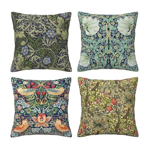 Image of WWOOPLL William Morris Set of 4 Cushion Covers 50x50cm, Vintage Botanical Floral Garden Home Decor Pillowcases Throw Cushions Pillow Covers for Living Room Sofa Couch Bed, 20x20 Inch