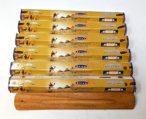 Image of Satya Egyptian Musk Incense Sticks – 6 x 20 Stick Packs (120 Total) – Charcoal-Free – Calming & Exotic Aroma – Includes JRose Wooden Burner – Natural Masala Incense Gift Set