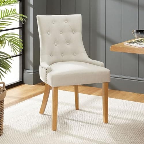 Image of The Furniture Market Luxury Natural Linen Fabric Scoop Back Dining Chair | Button Quilted Upholstery | Stud Detailing | Sprung & Webbed Seat | H 920 x W 560 x D 610mm